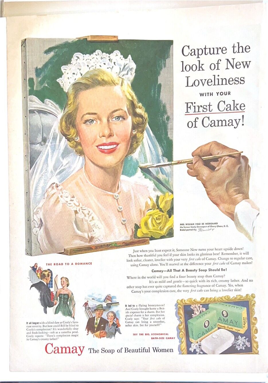 Vtg Camay Beauty Soap Print Ad Bride Bridal Wedding Cicely Davenport 1950s